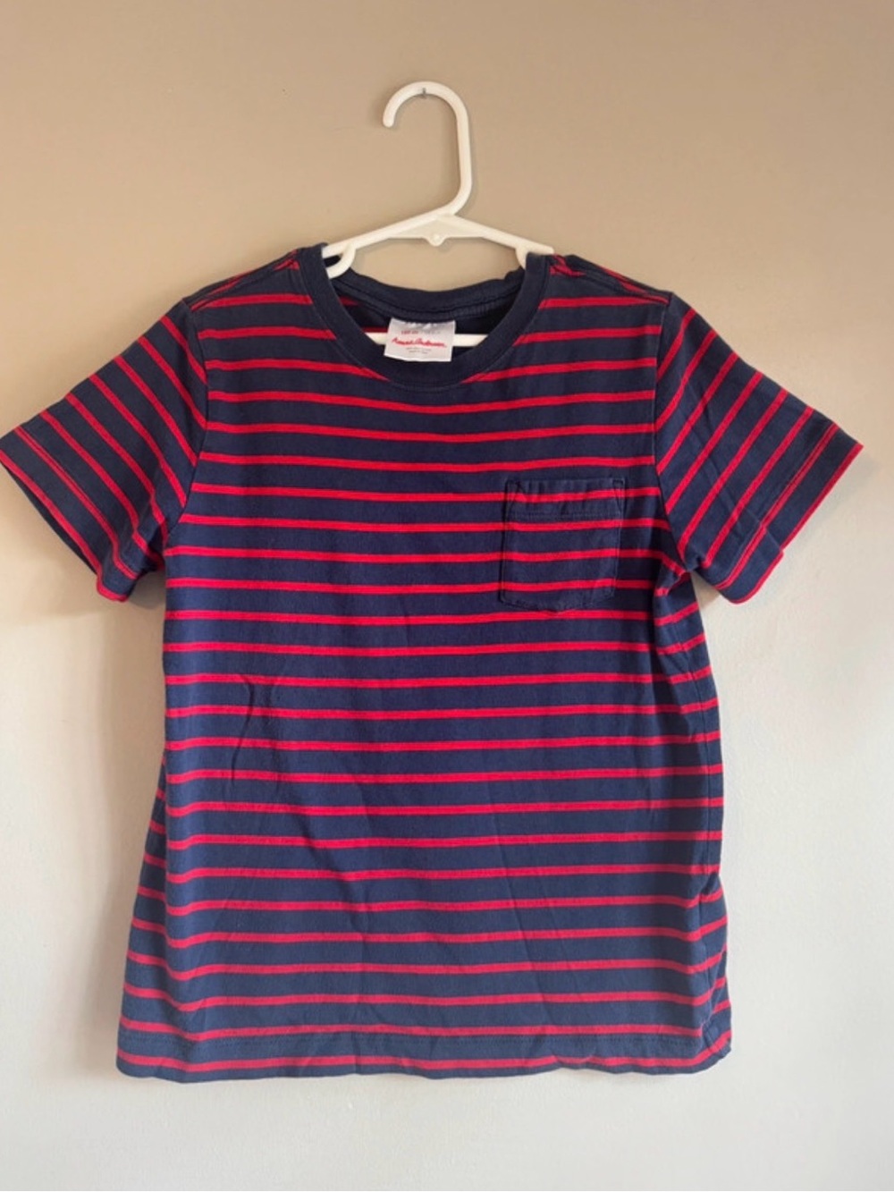 Hanna Andersson Boys Striped Pocket T-Shirt Navy Red Size 6-7
